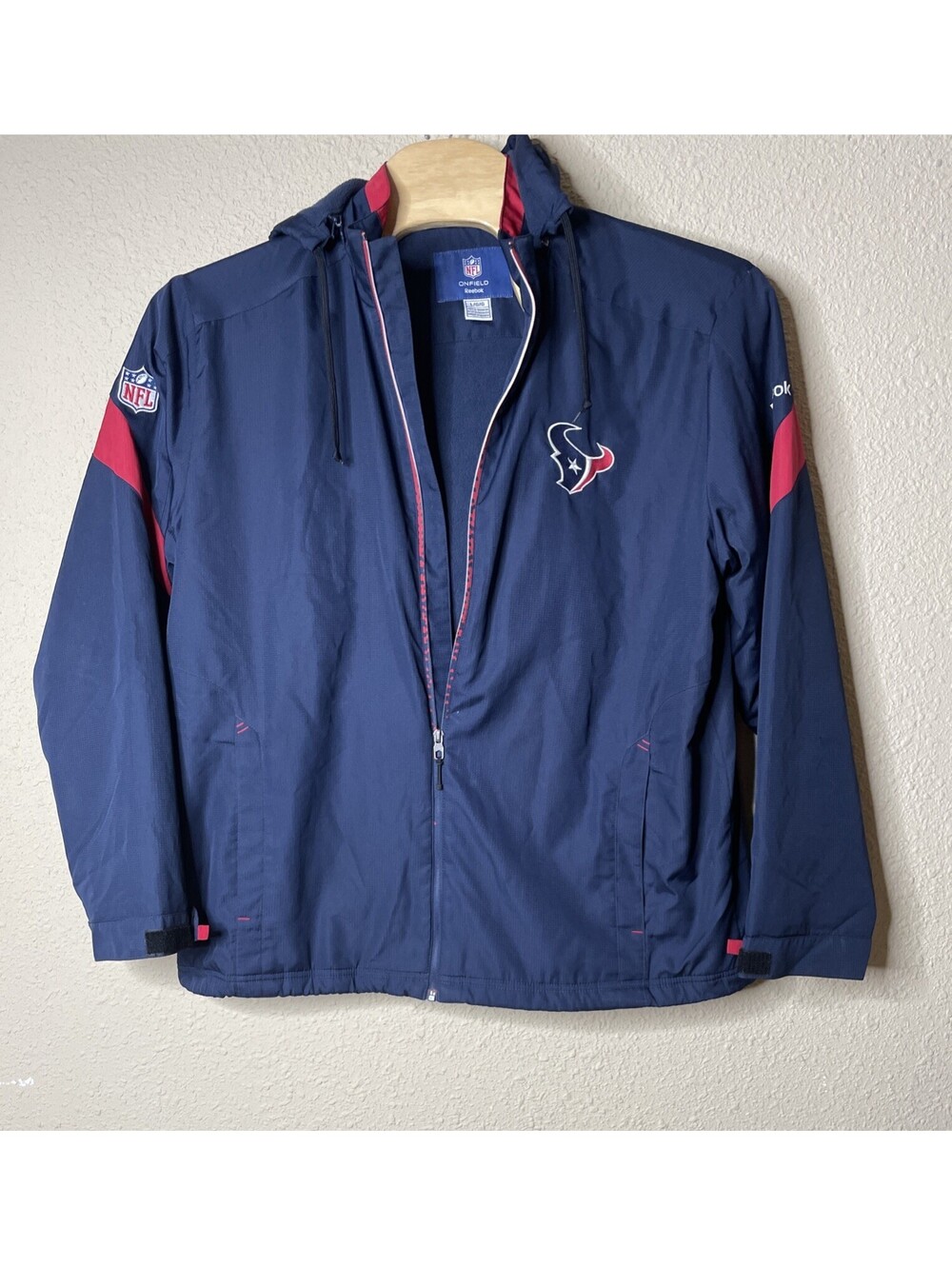 Reebok Houston Texans NFL On-Field Hooded Jacket Blue Red Size L Vintage Lined